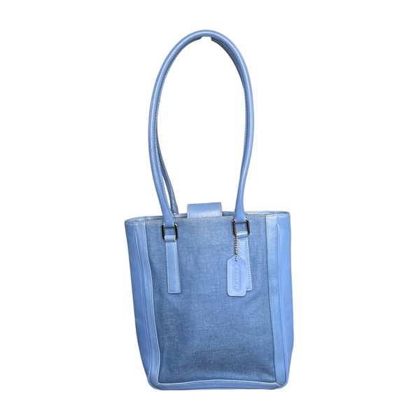 Vintage Coach Bonnie Legacy  Tote 9429 Blue Linen & Leather  Bag  11"Hx10"W - Picture 1 of 7